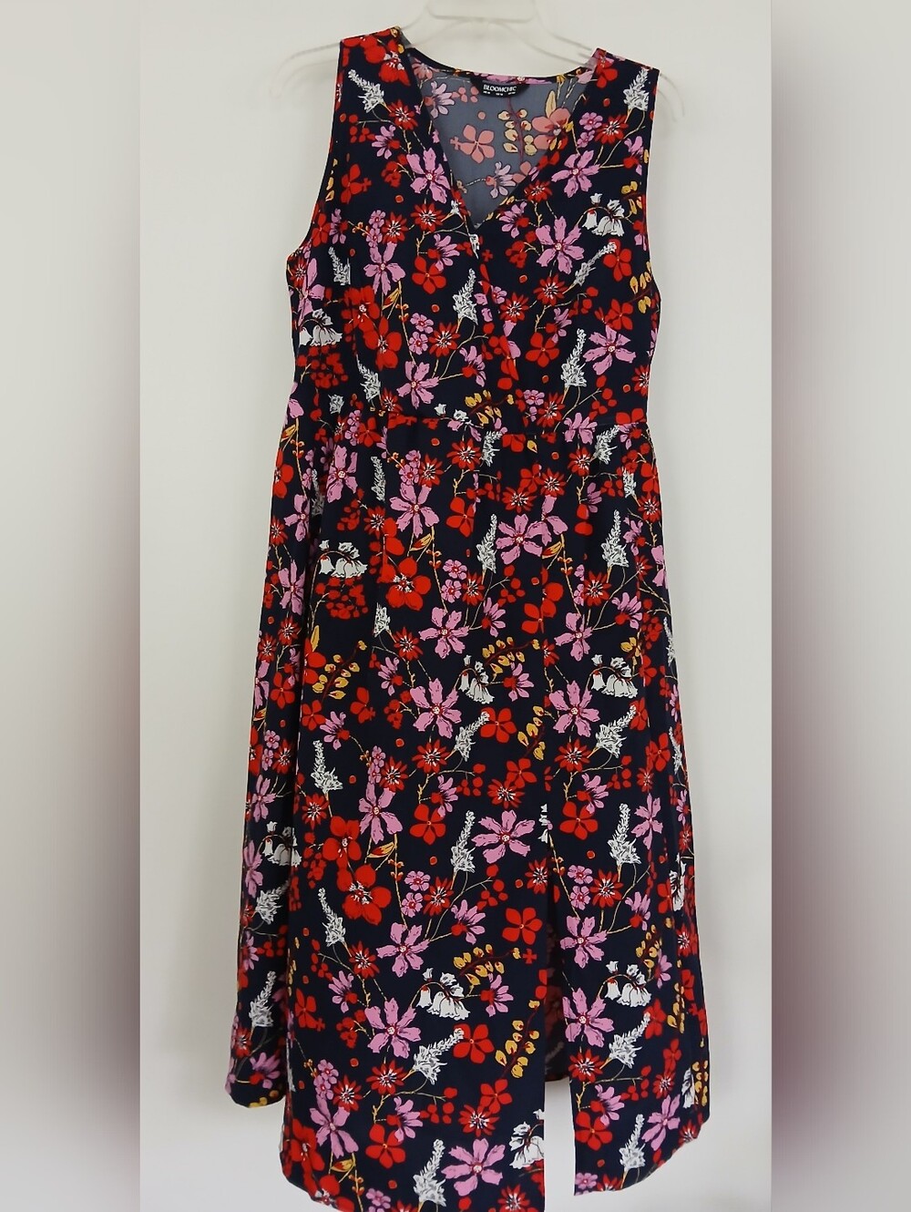 BloomChic Navy Floral Midi Dress with Red and Pink Blooms
